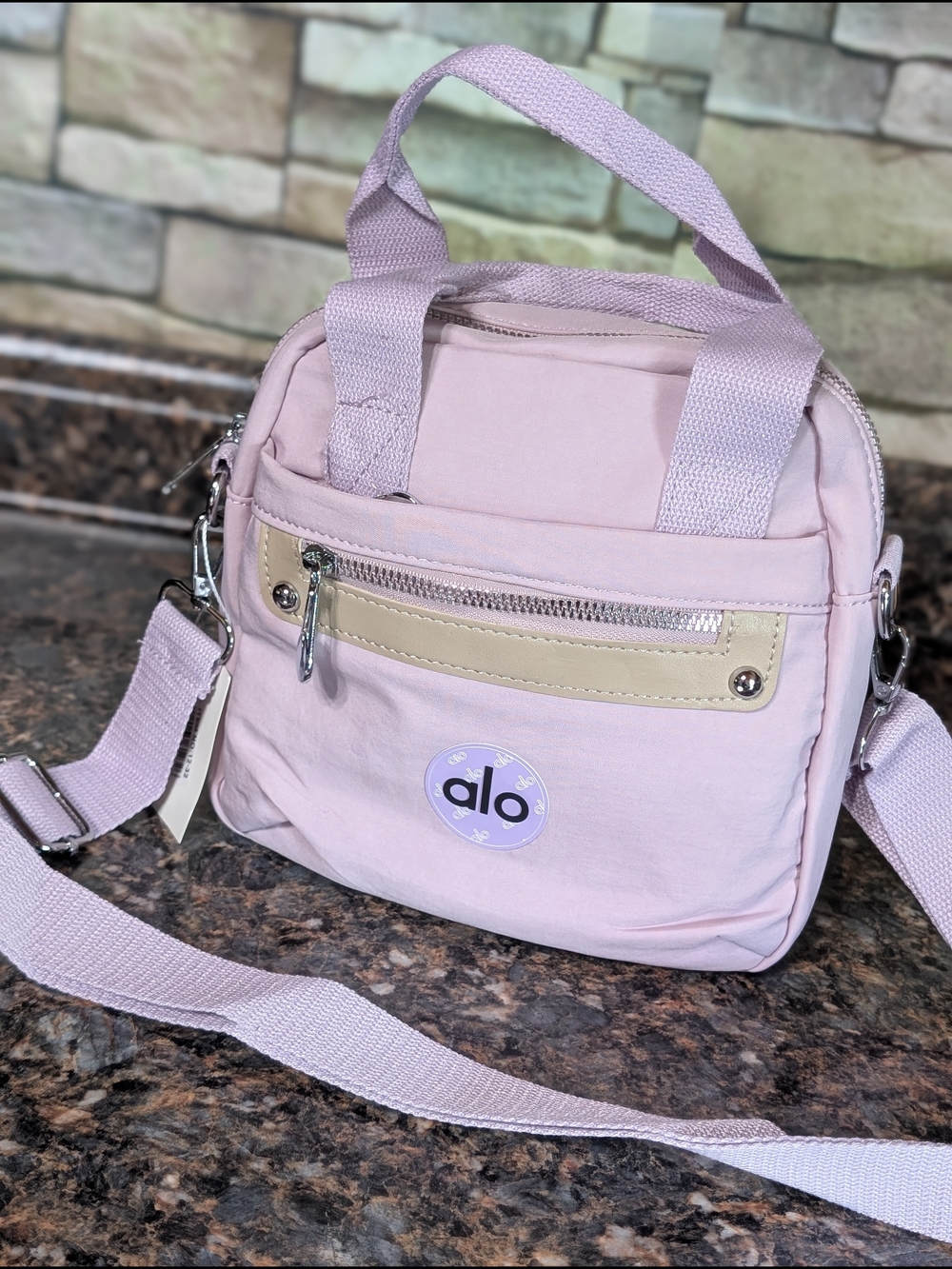 ALO Yoga Pastel Purple Canvas Crossbody Bag with Beige Accent